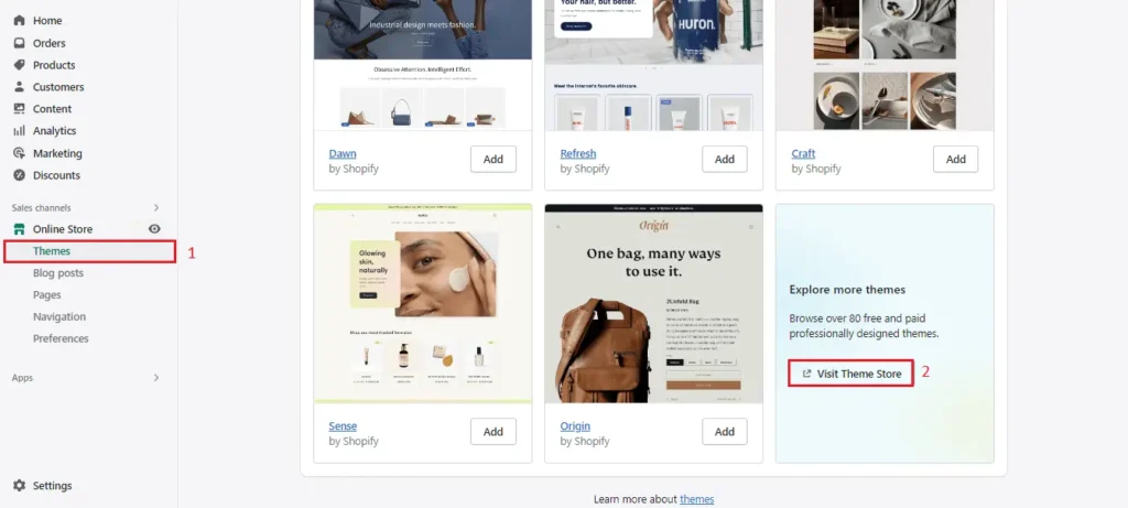 الخطوة 1: من قسم “Online Store” انتقل إلى “Themes” اضغط علي “Visit Theme Store”